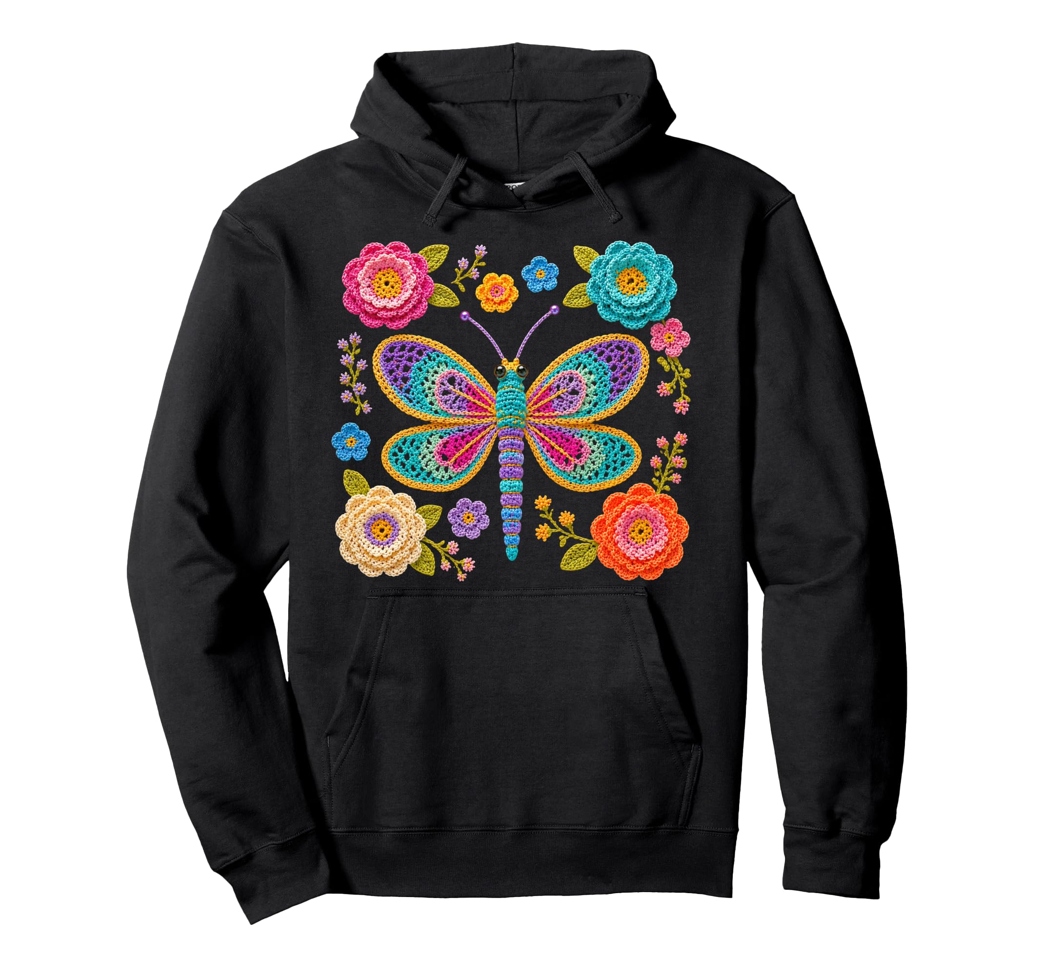 Crochet Dragonfly Floral Shapes Mania Hoodie - Novelty Apparel for Adults - T-Shirt, Sweatshirt, Hoodie