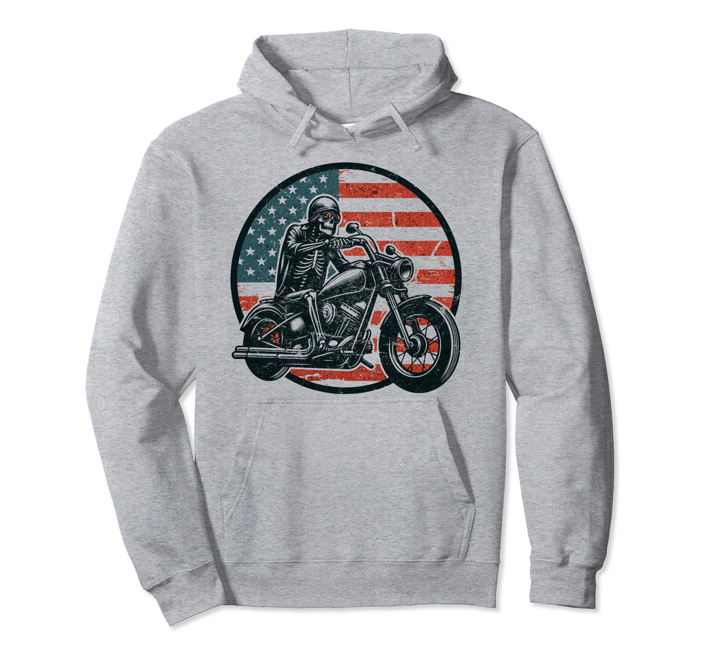 Us Flag Motorcycle Skeleton Biker 4Th July Hoodie - Unique Graphic Unisex - T-Shirt, Sweatshirt, Hoodie