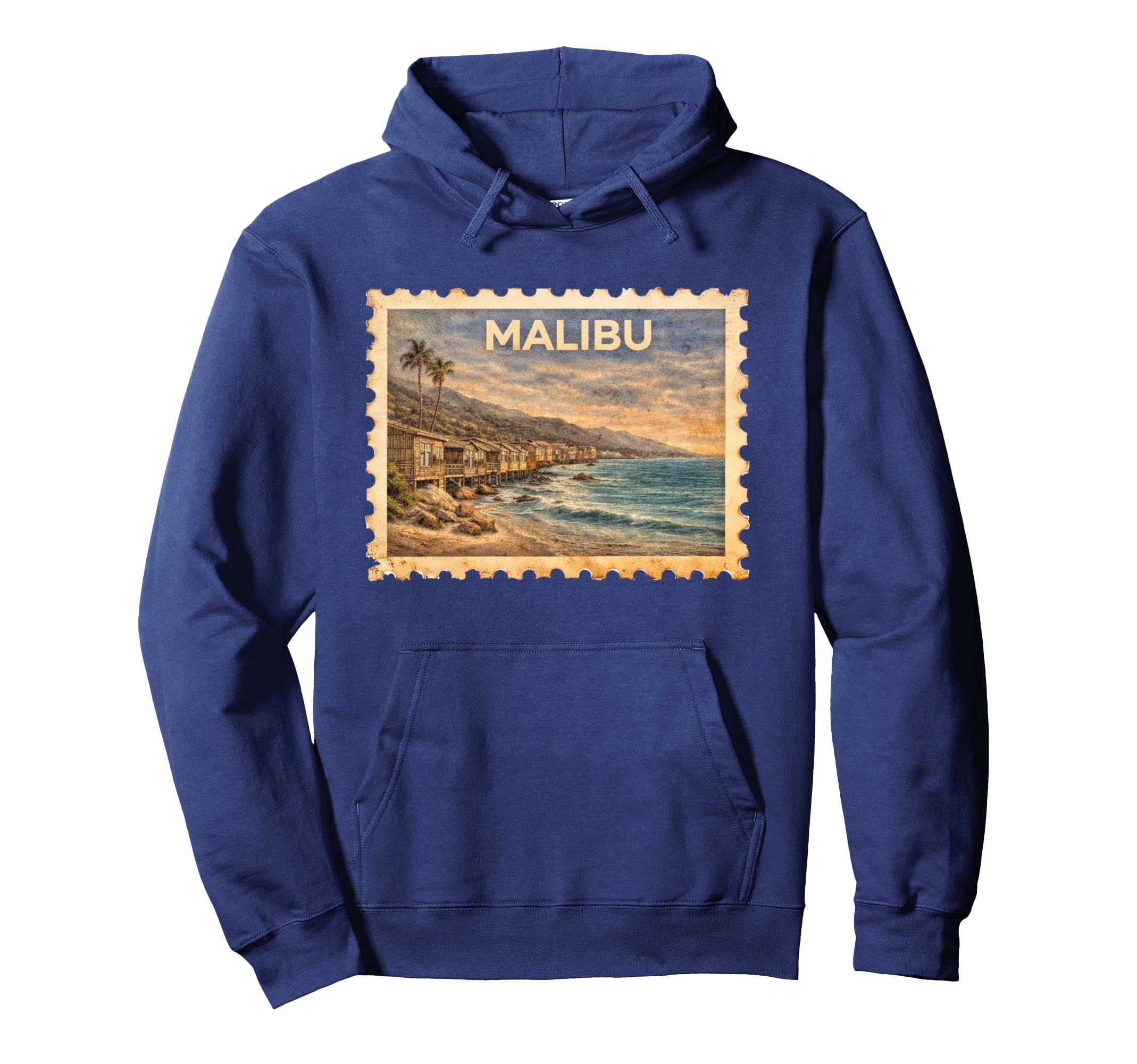 Malibu Travel Stamp Art Hoodie - Fun Novelty Design for Adults - T-Shirt, Sweatshirt, Hoodie