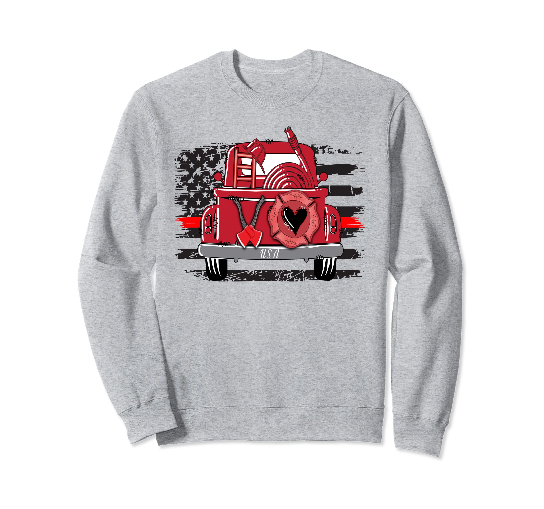 Fire Truck Distressed Us Flag Happy Sweatshirt - Graphic Print for Adults - T-Shirt, Sweatshirt, Hoodie
