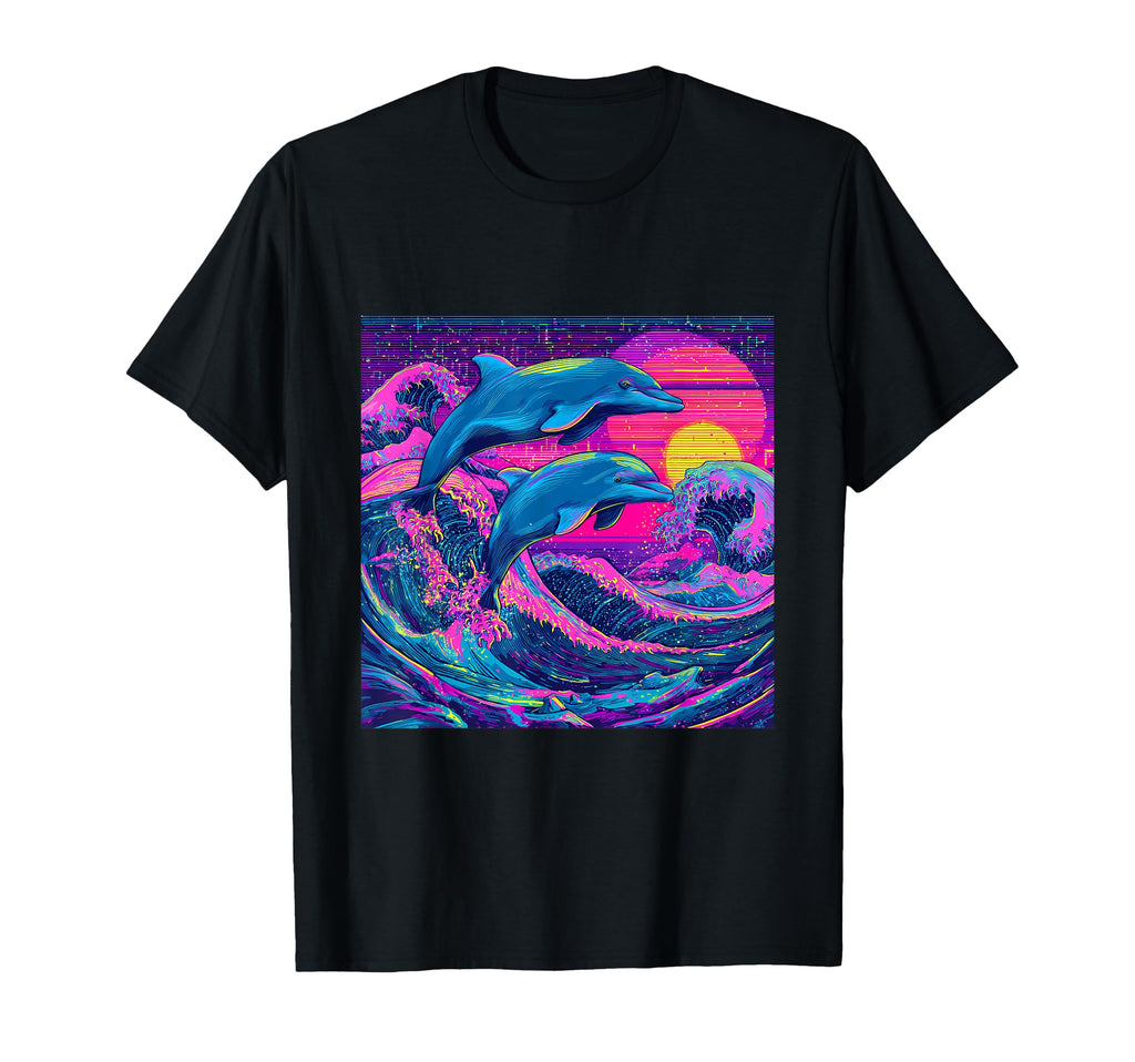 Dolphin Synthwave Ocean Waves 80S Art T-Shirt - Aesthetic Graphic Men Women - T-Shirt, Sweatshirt, Hoodie