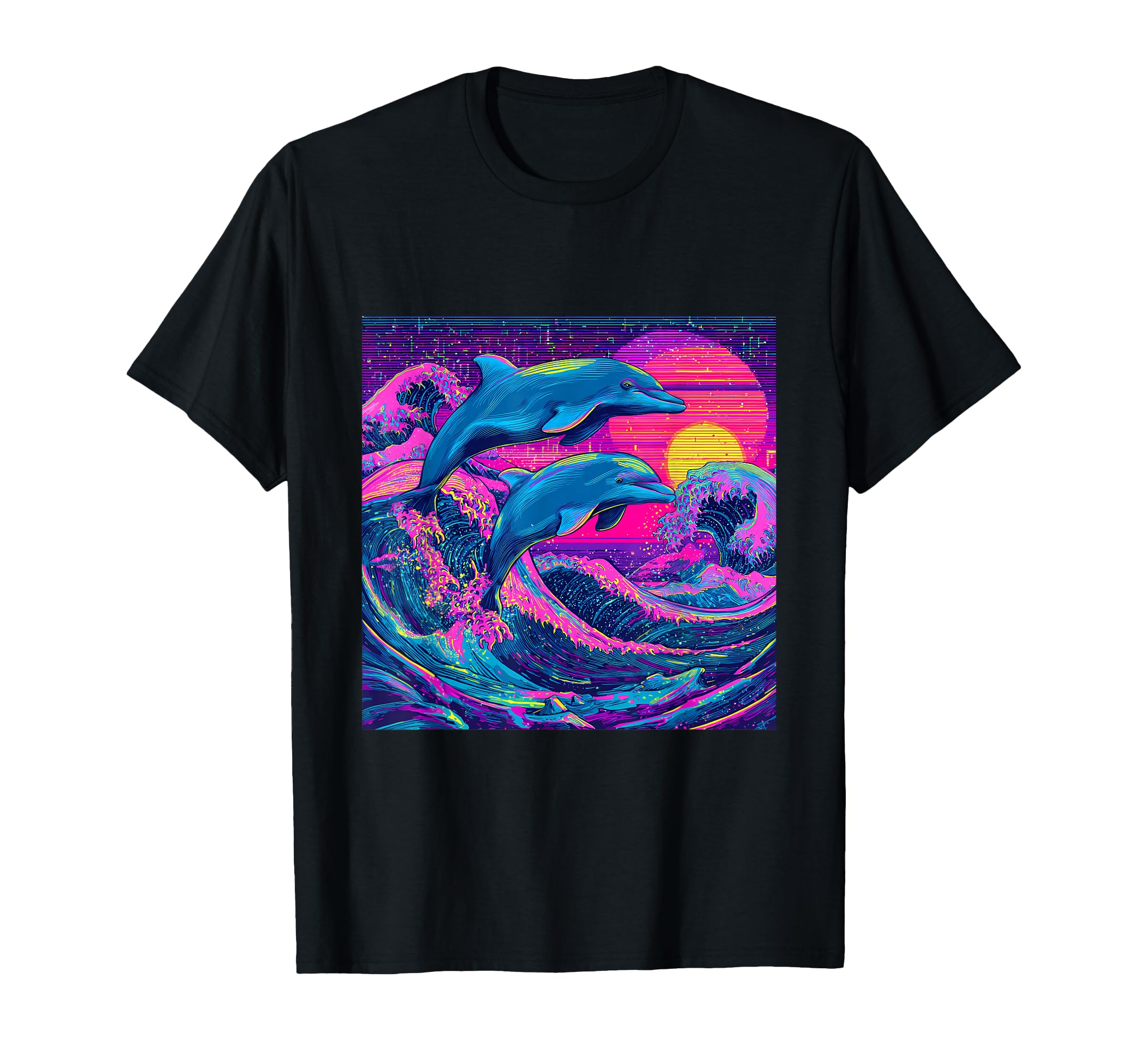 Dolphin Synthwave Ocean Waves 80S Art T-Shirt - Aesthetic Graphic Men Women - T-Shirt, Sweatshirt, Hoodie