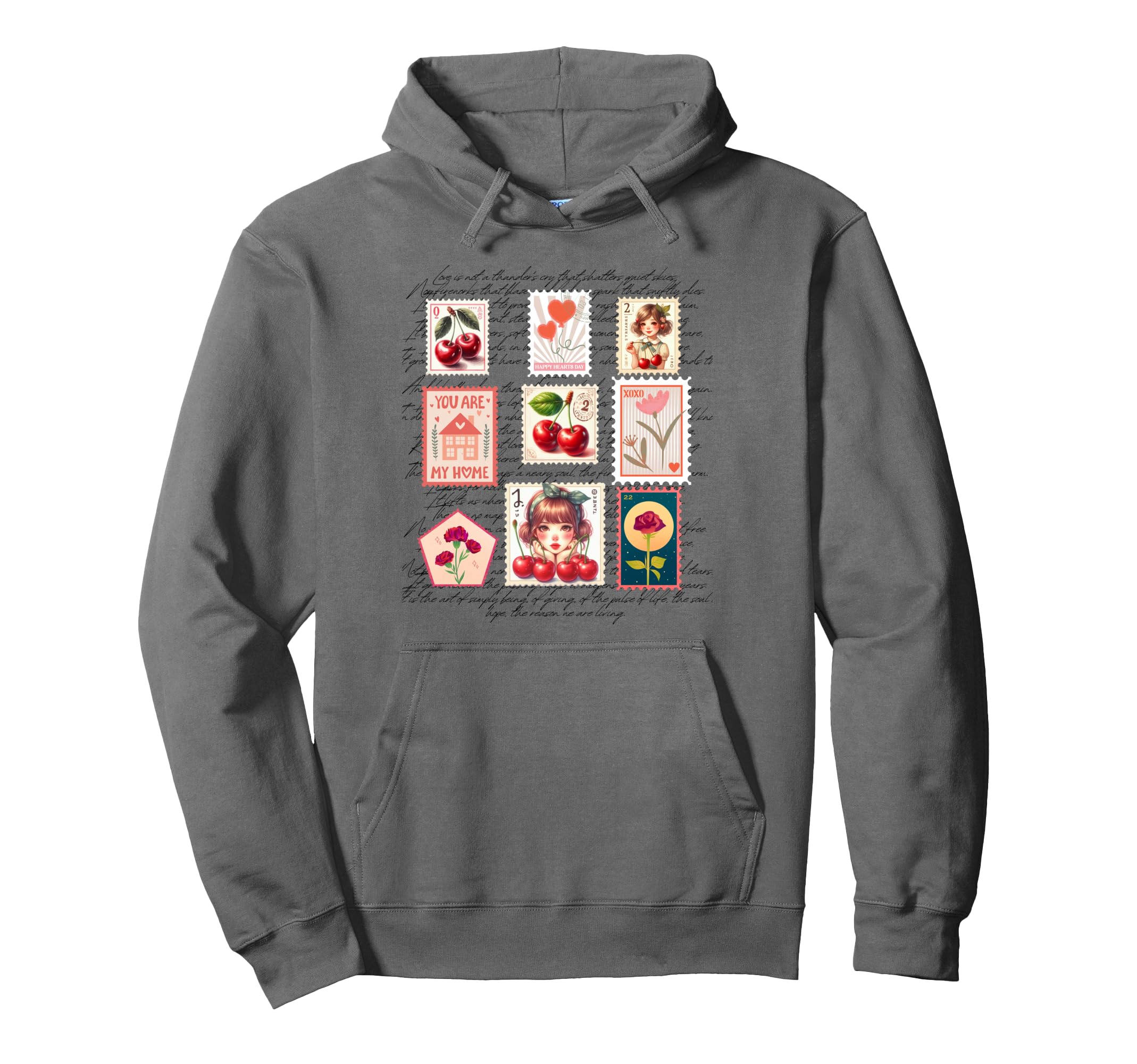 Cherry Love Postage Stamps Valentine Hoodie - Novelty Apparel for Adults - T-Shirt, Sweatshirt, Hoodie