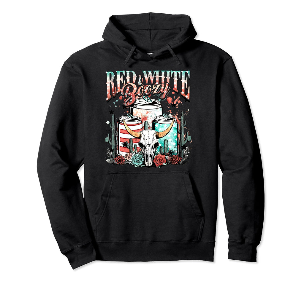 Red White And Boozy Bull Skull Western Hoodie - Novelty Apparel Men Women - T-Shirt, Sweatshirt, Hoodie