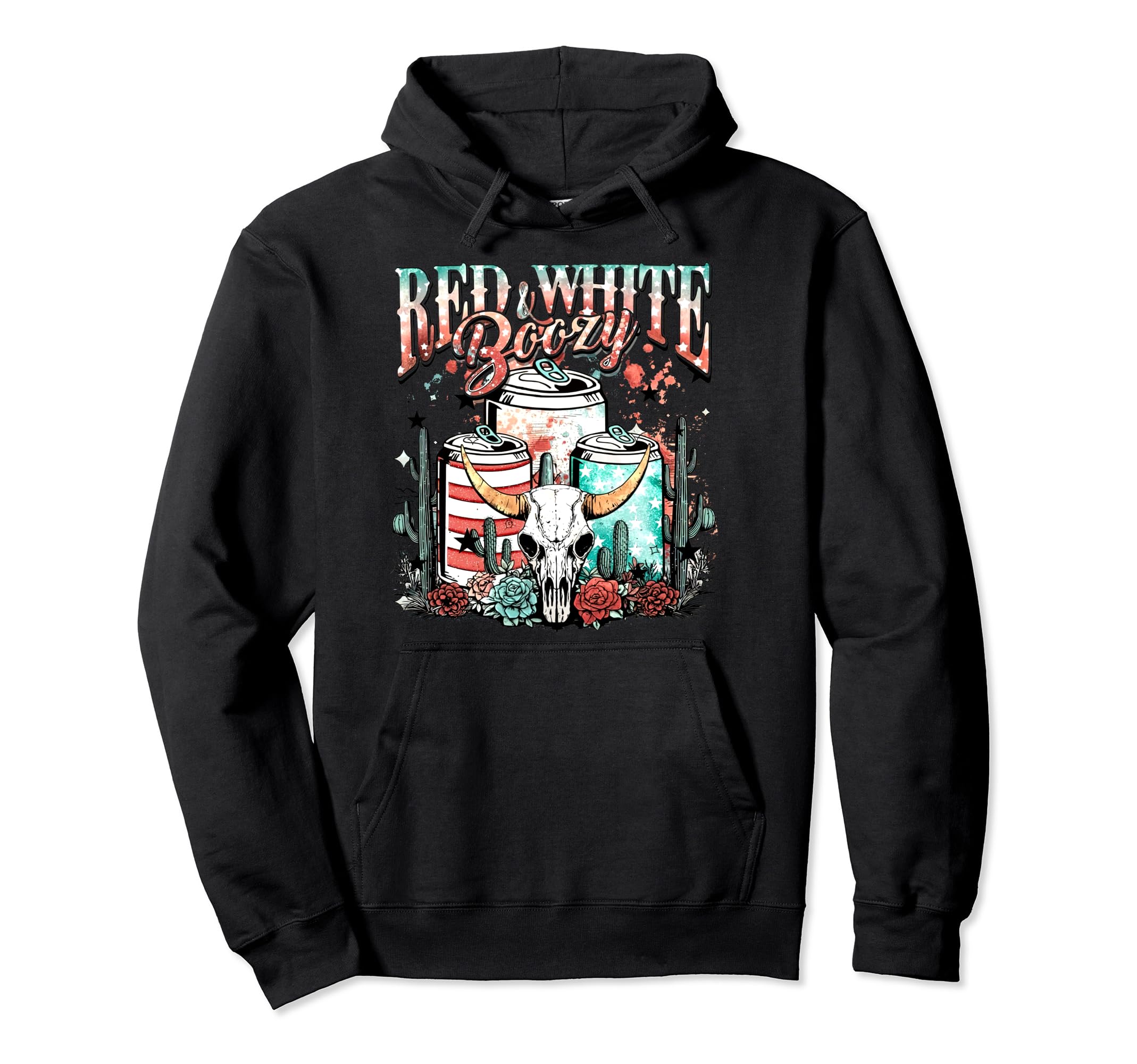 Red White And Boozy Bull Skull Western Hoodie - Novelty Apparel Men Women - T-Shirt, Sweatshirt, Hoodie