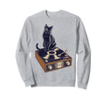 Black Cat Sitting Vinyl Record Sweatshirt - Aesthetic Graphic Unisex - T-Shirt, Sweatshirt, Hoodie