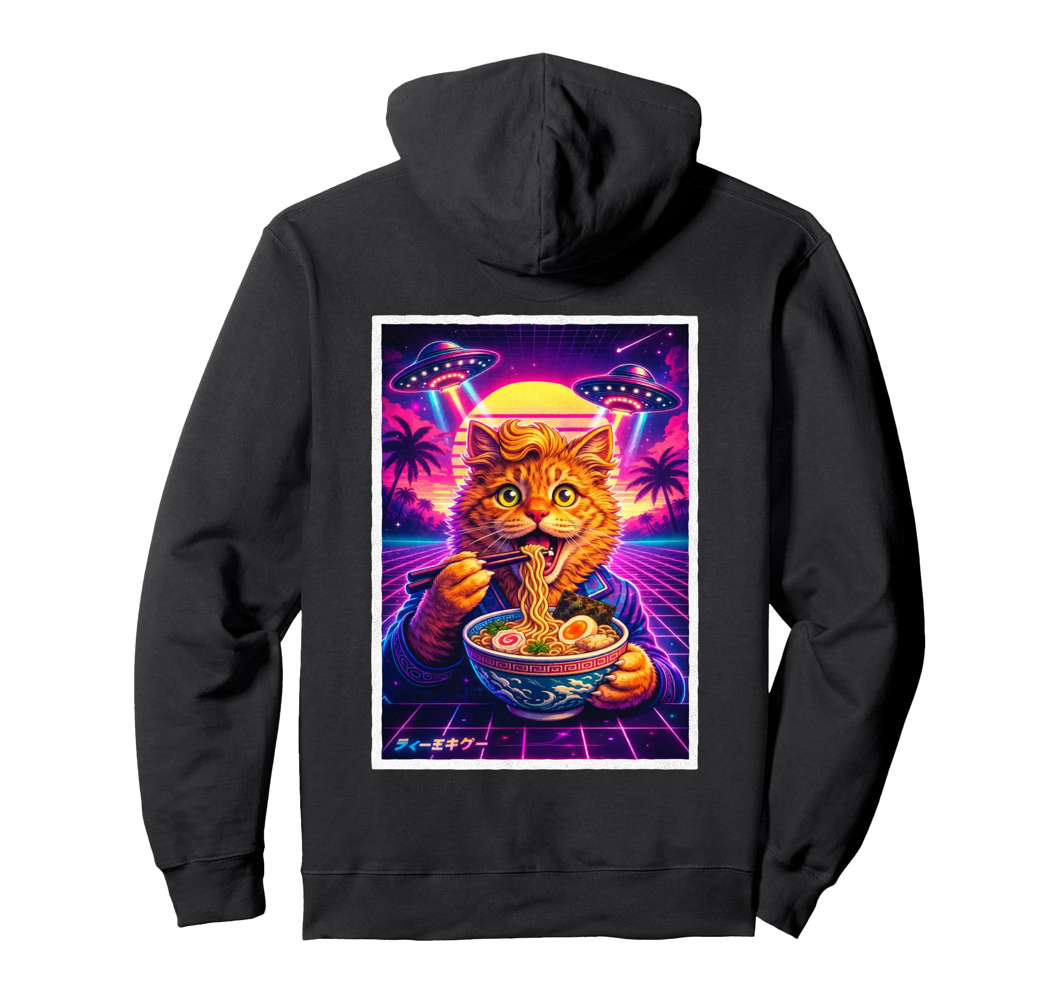 Ufo Ramen Cat Meme Synthwave 80S Hoodie - Minimalist Print for Adults - T-Shirt, Sweatshirt, Hoodie