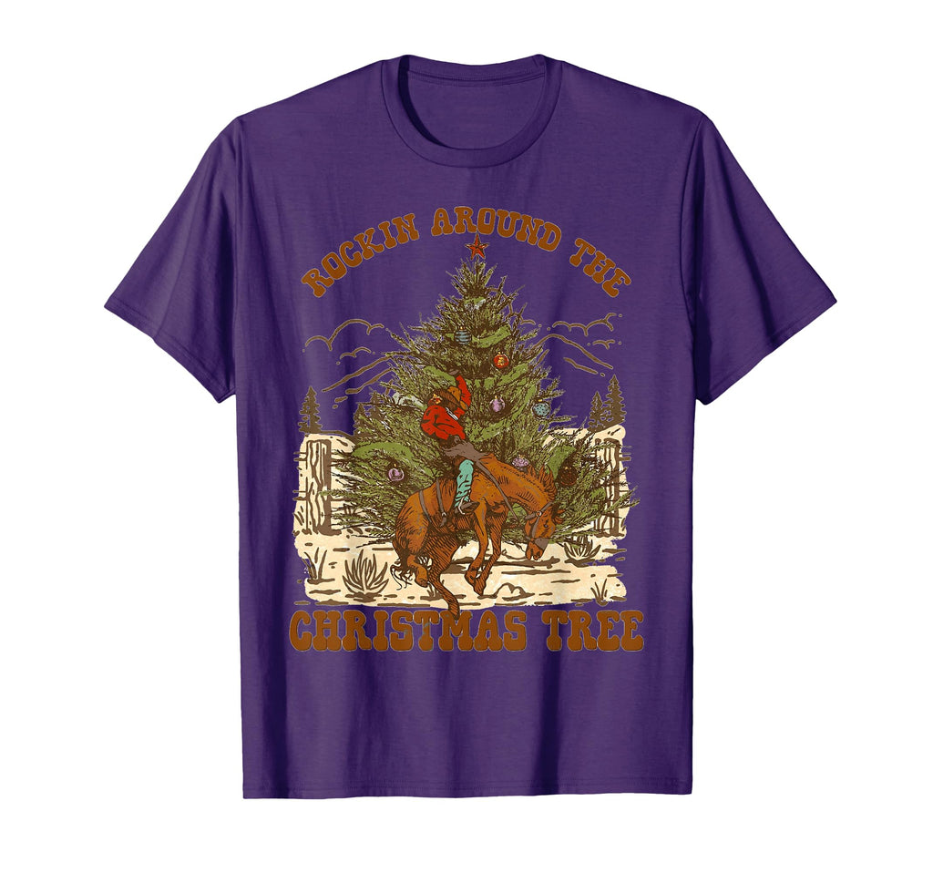 Rockin Around Cowboy Tree Santa Ride Horse T-Shirt - Graphic Print Unisex - T-Shirt, Sweatshirt, Hoodie