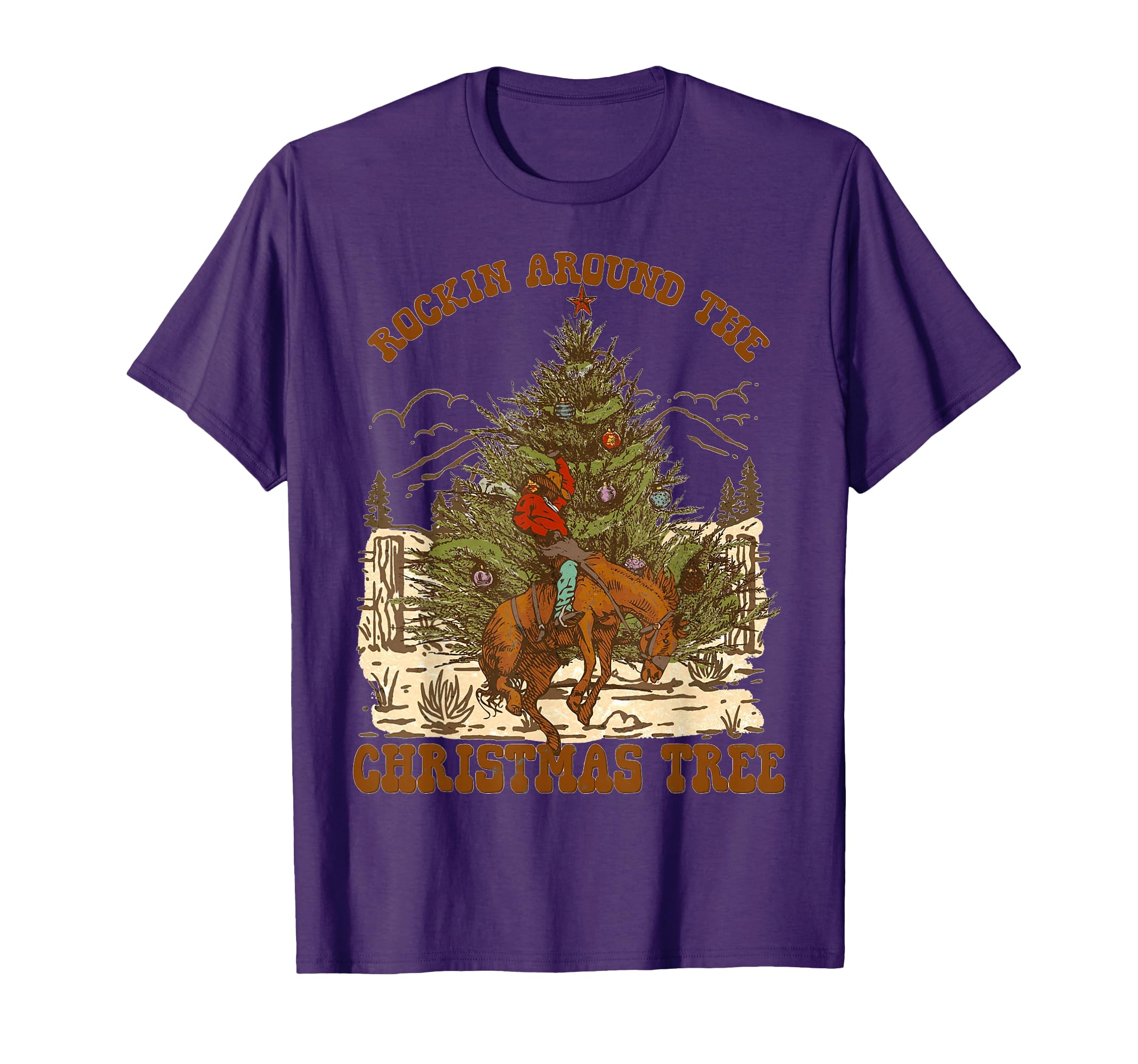 Rockin Around Cowboy Tree Santa Ride Horse T-Shirt - Graphic Print Unisex - T-Shirt, Sweatshirt, Hoodie