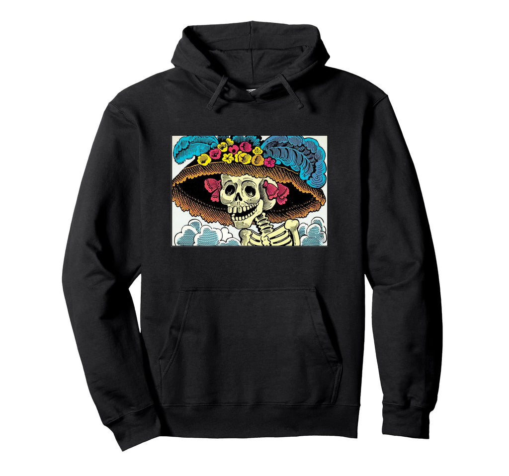 Sugar Skull Lady Floral Sun Hat Pop Art Hoodie - Custom Art Print Unisex - T-Shirt, Sweatshirt, Hoodie