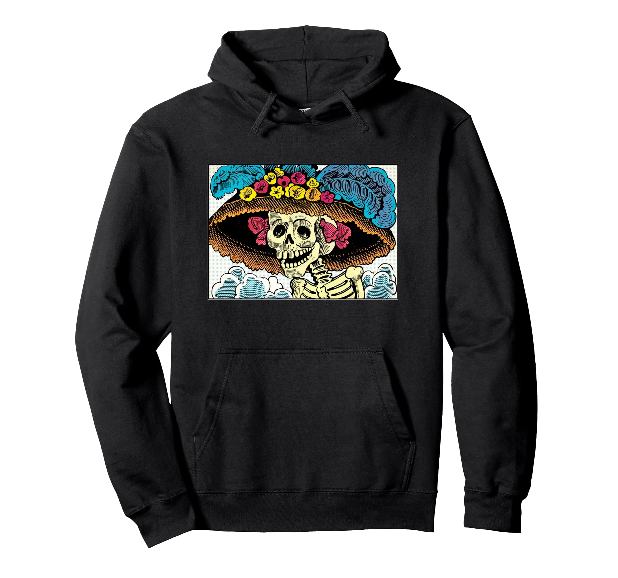 Sugar Skull Lady Floral Sun Hat Pop Art Hoodie - Custom Art Print Unisex - T-Shirt, Sweatshirt, Hoodie