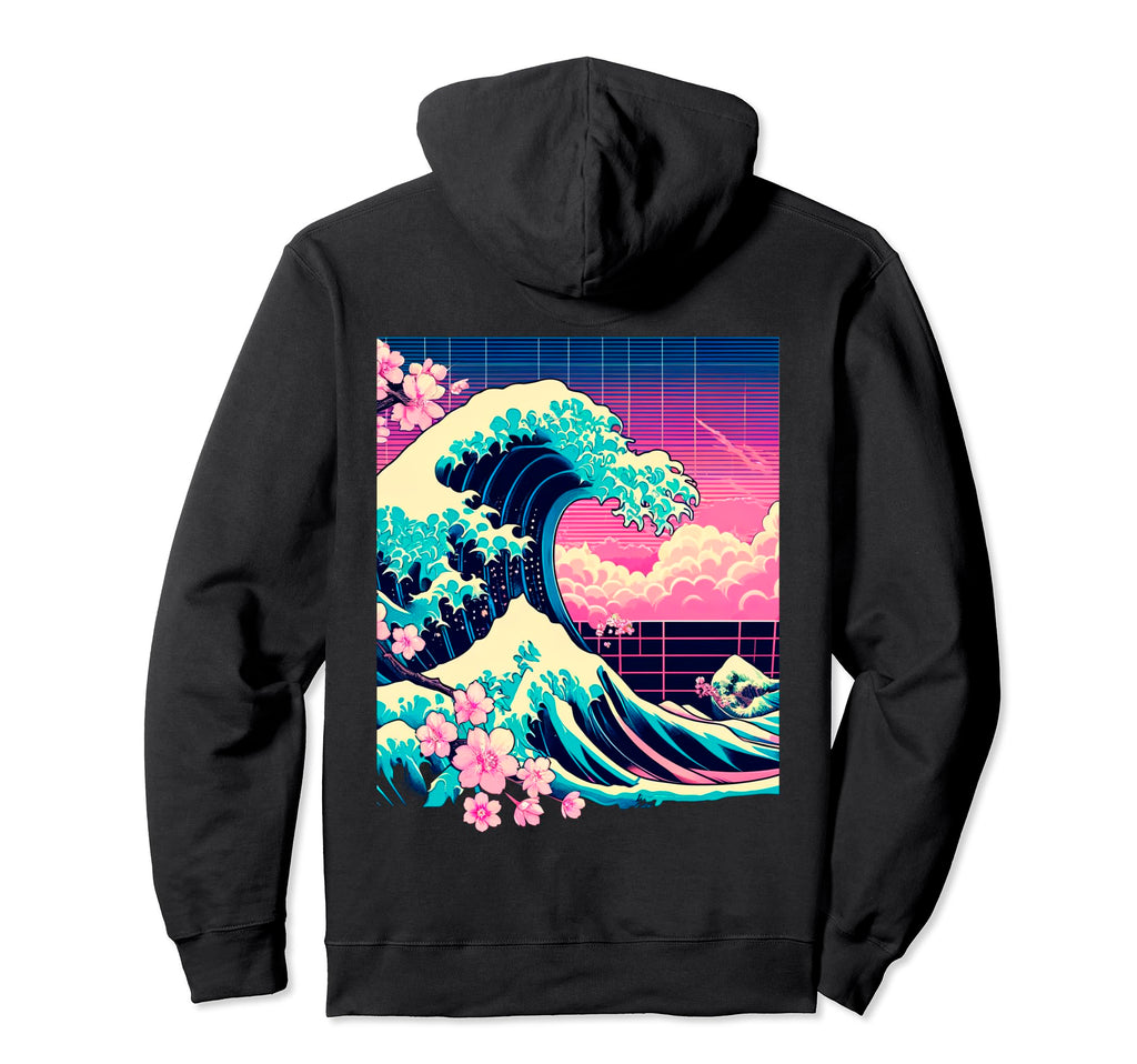 Vaporwave Great Wave Kanagawa Cherry Hoodie - Unique Graphic Men Women - T-Shirt, Sweatshirt, Hoodie