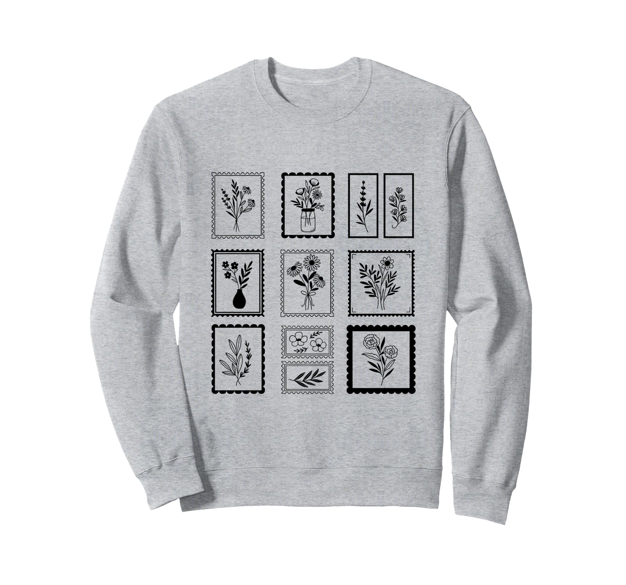 Whimsical Flower Postage Stamps Sweatshirt - Graphic Print for Adults - T-Shirt, Sweatshirt, Hoodie