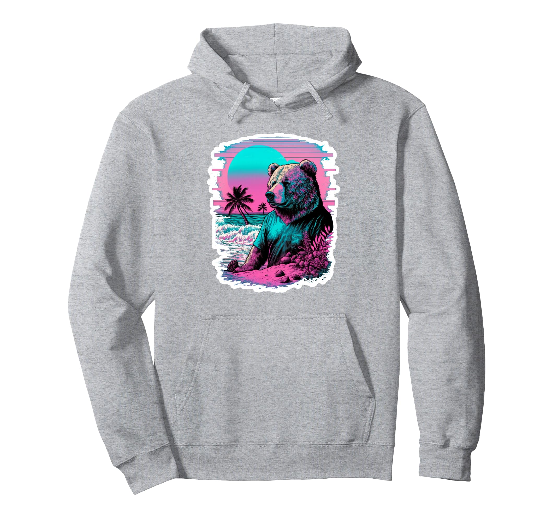 Vaporwave Synthwave Surfer Bear Beach Hoodie - Custom Art Print for Adults - T-Shirt, Sweatshirt, Hoodie