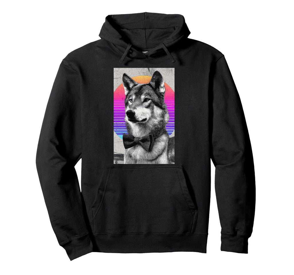 Funny Wolf Bow Tie 80S Synthwave Hoodie - Graphic Print Men Women - T-Shirt, Sweatshirt, Hoodie
