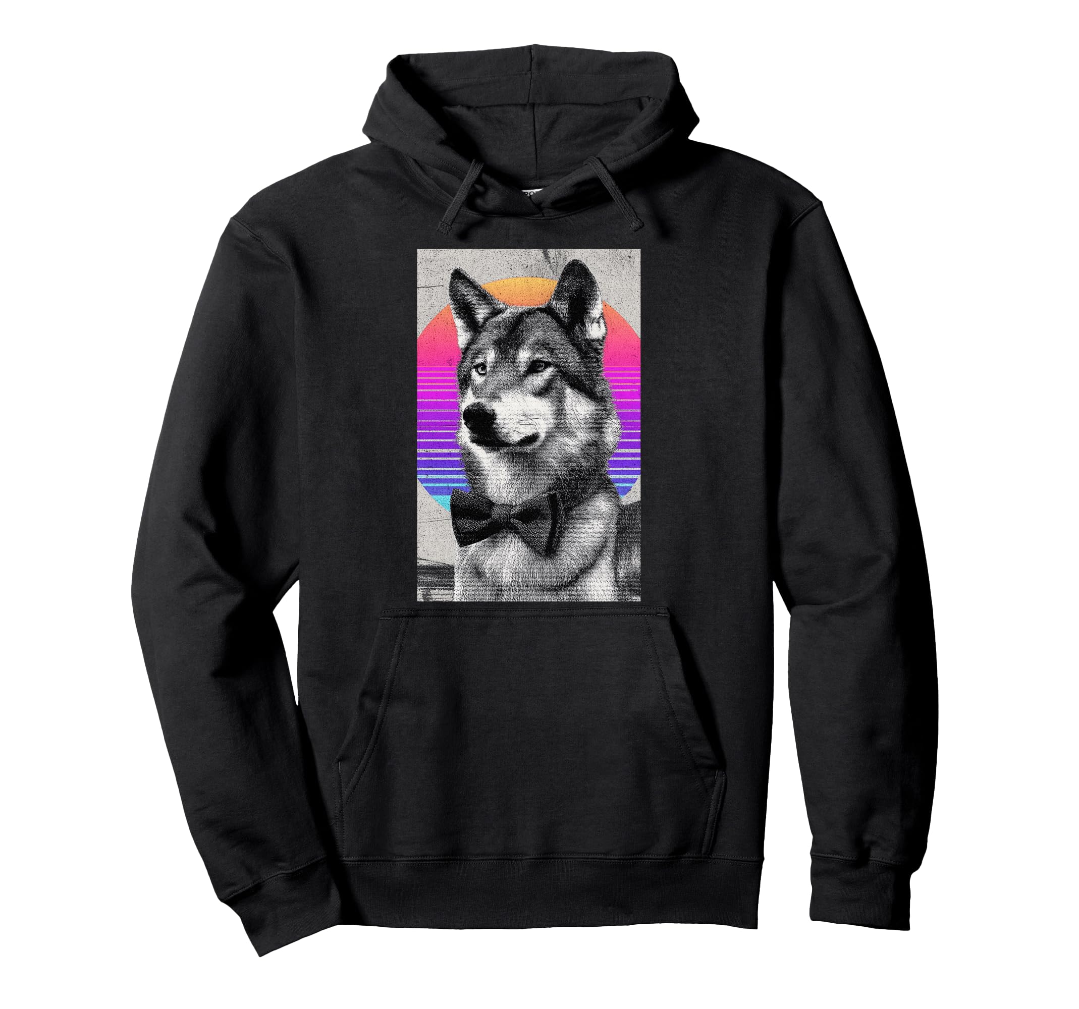 Funny Wolf Bow Tie 80S Synthwave Hoodie - Graphic Print Men Women - T-Shirt, Sweatshirt, Hoodie
