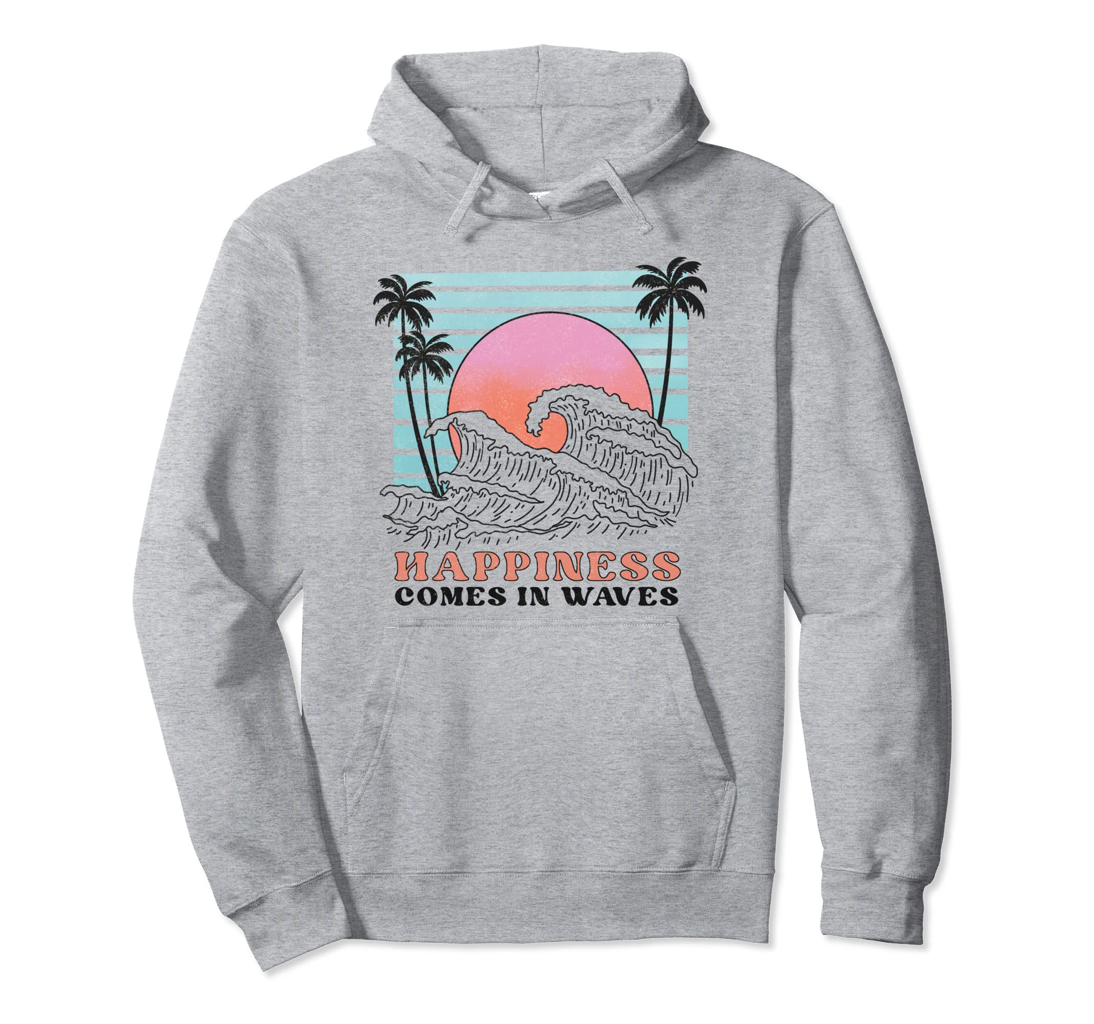 Happiness Comes Waves Summer Beach Sunset Hoodie - Custom Art Print Unisex - T-Shirt, Sweatshirt, Hoodie