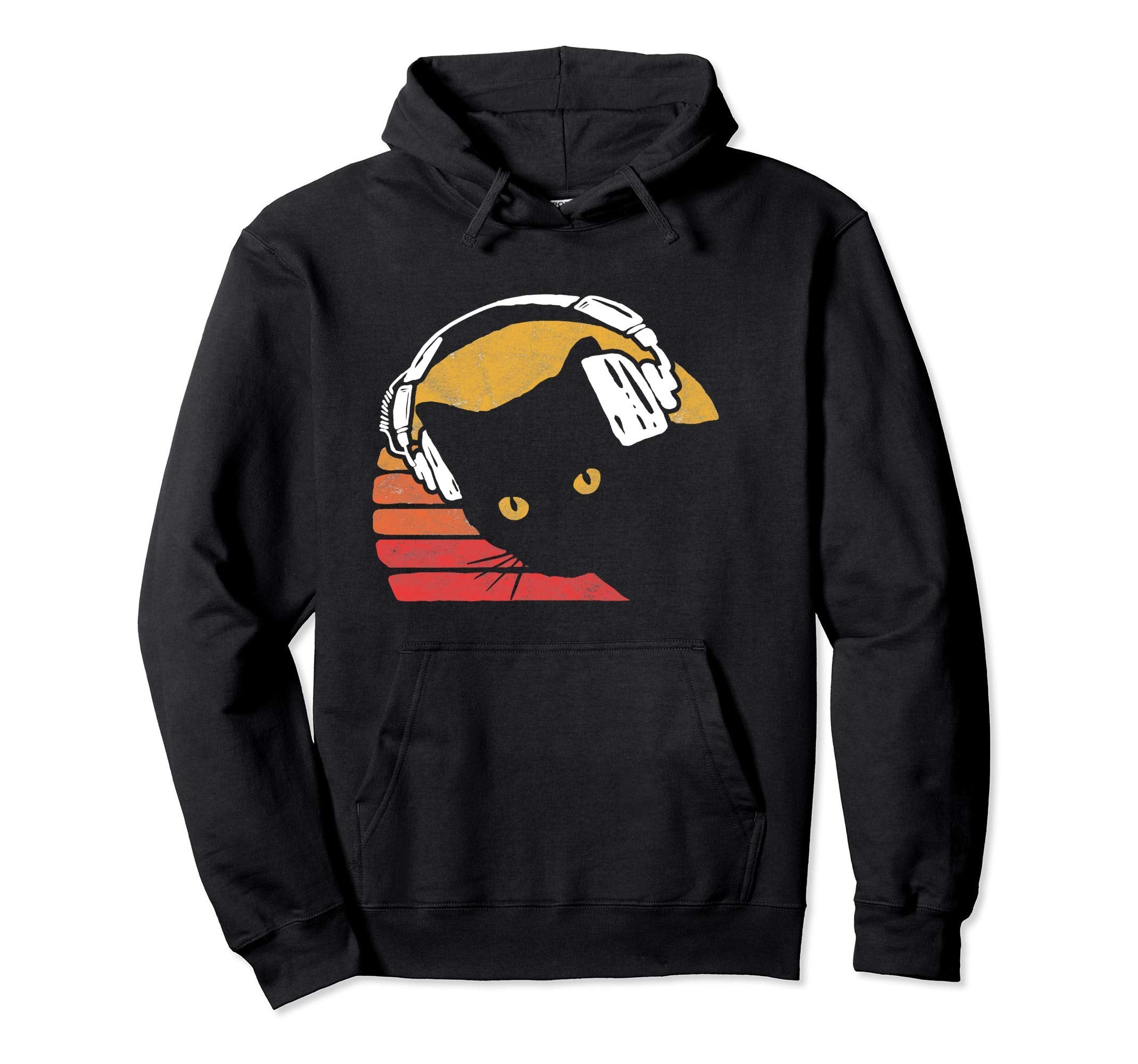 Eighties Cat Headphones Distressed Hoodie - Graphic Print Unisex - T-Shirt, Sweatshirt, Hoodie