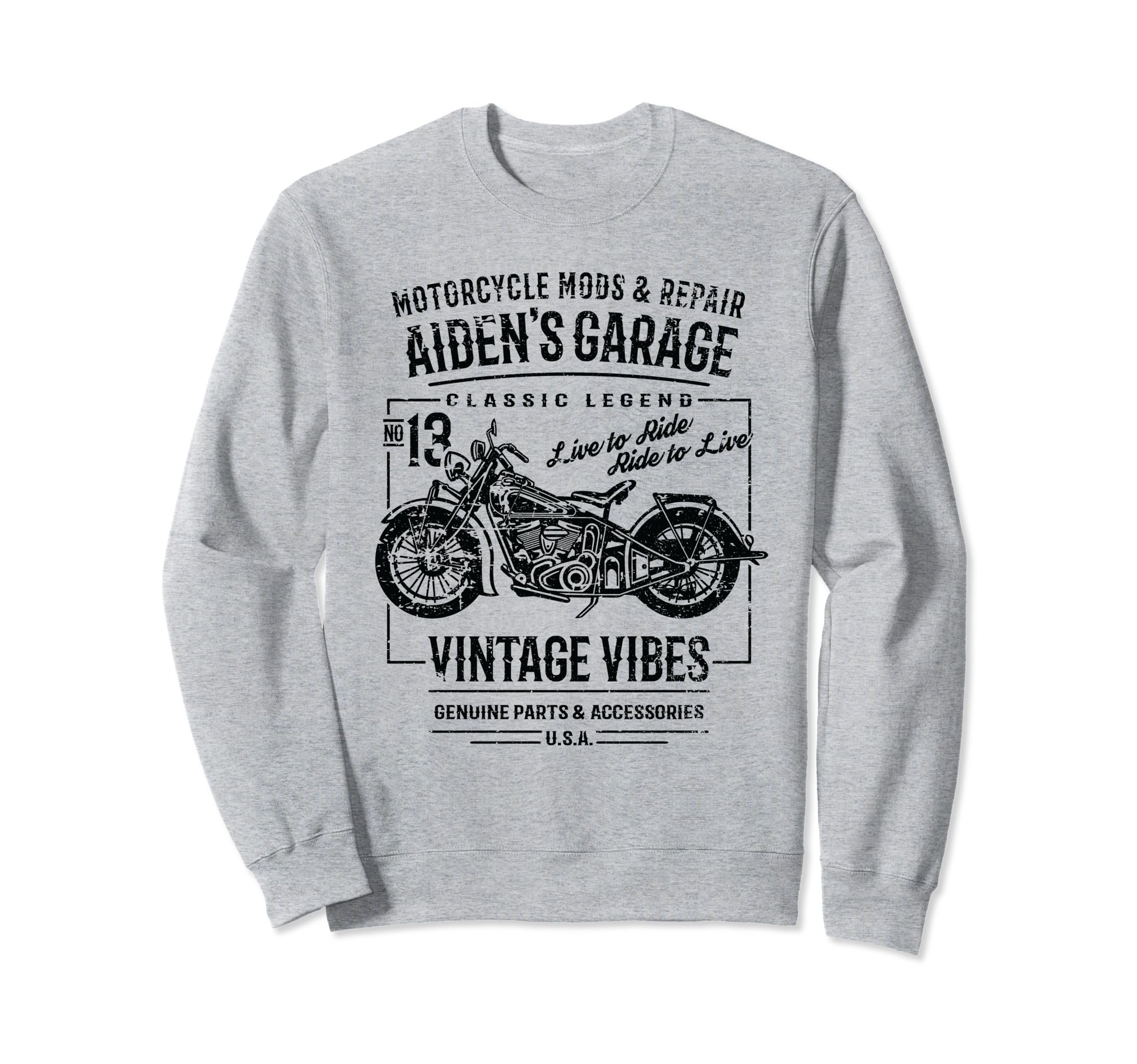 Aidens Garage Motorcycle Name Sweatshirt - Casual Everyday Wear Unisex - T-Shirt, Sweatshirt, Hoodie