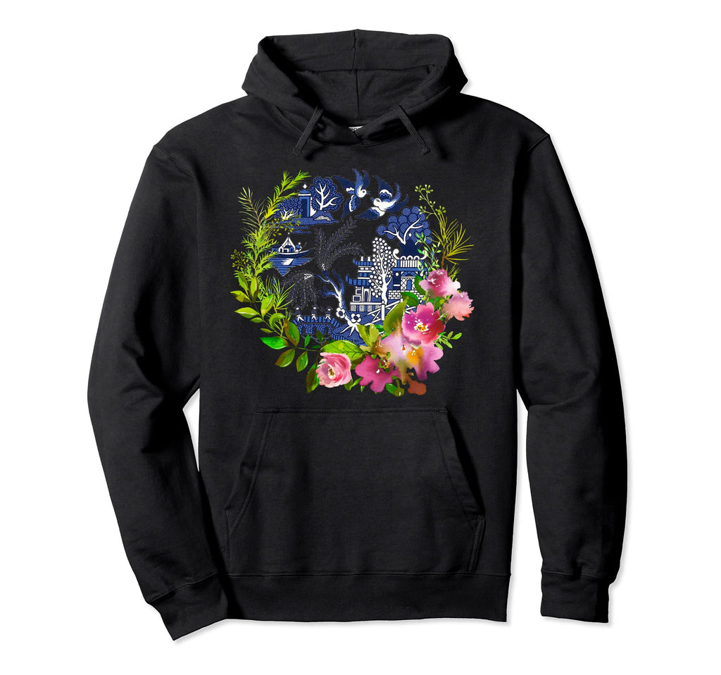Blue Willow Watercolor Rose Hoodie - Casual Everyday Wear for Adults - T-Shirt, Sweatshirt, Hoodie