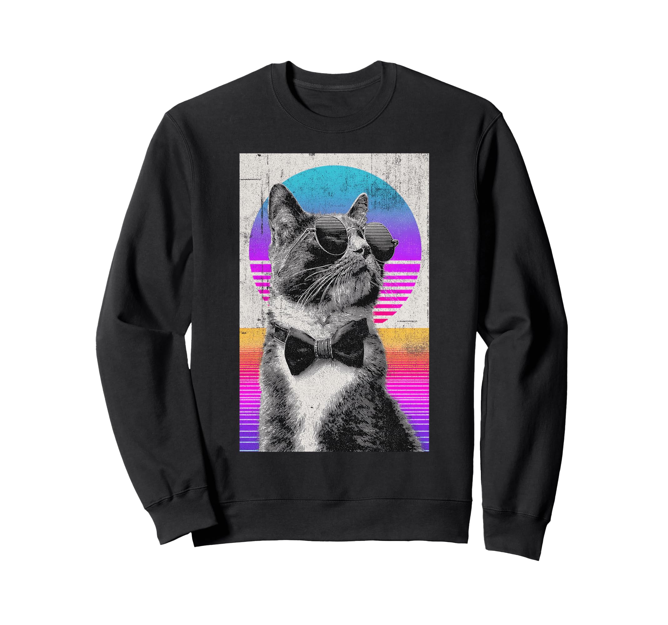 Funny Cat Bow Tie 80S Synthwave Sweatshirt - Minimalist Print Unisex - T-Shirt, Sweatshirt, Hoodie