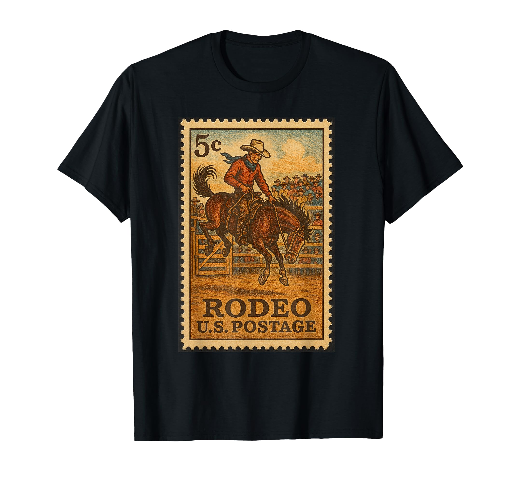 Rodeo Cow Postage Stamp T-Shirt - Graphic Print for Adults - T-Shirt, Sweatshirt, Hoodie