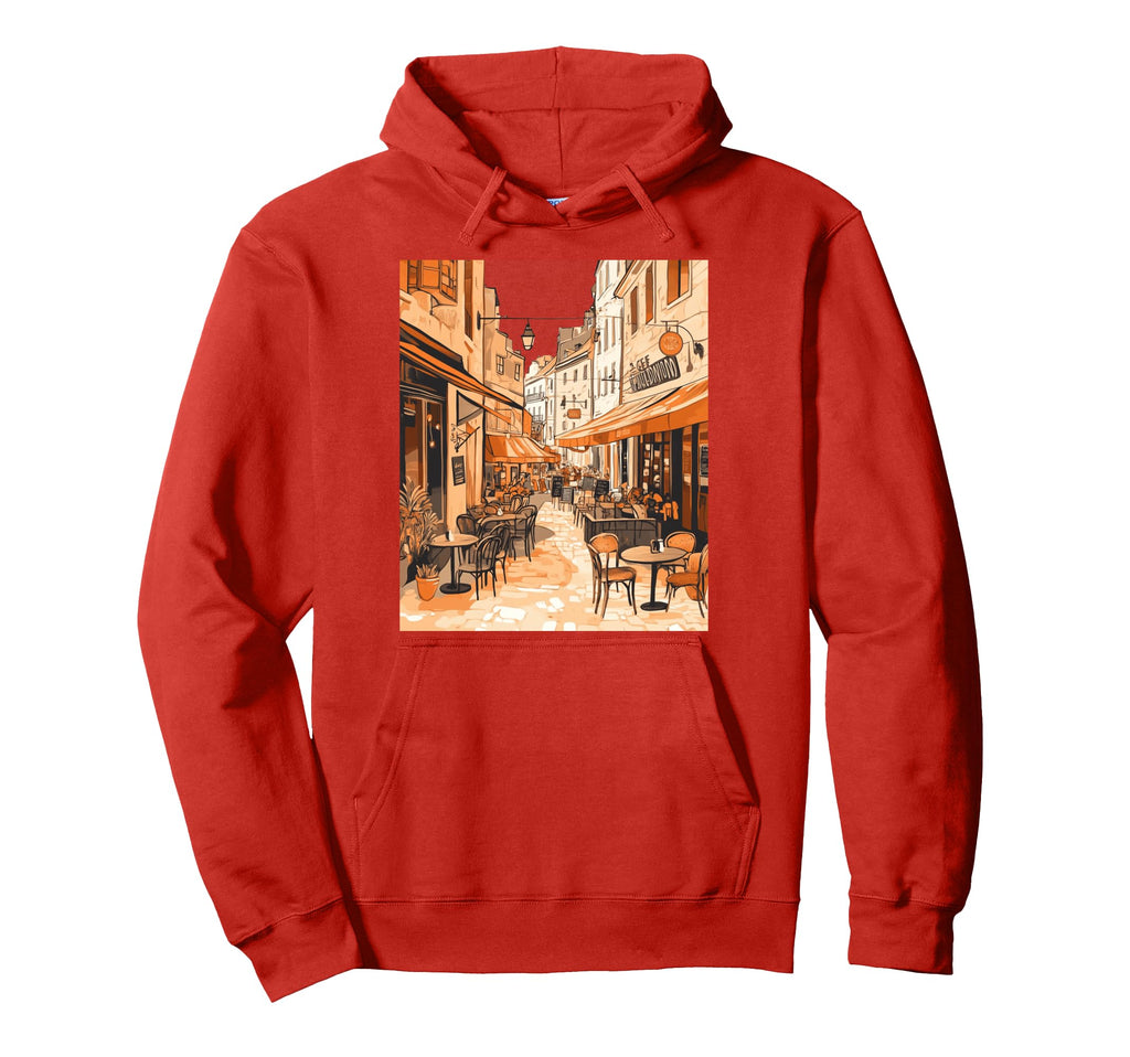 Illustrated European Caf Street Scene Art Hoodie - Custom Art Print Unisex - T-Shirt, Sweatshirt, Hoodie