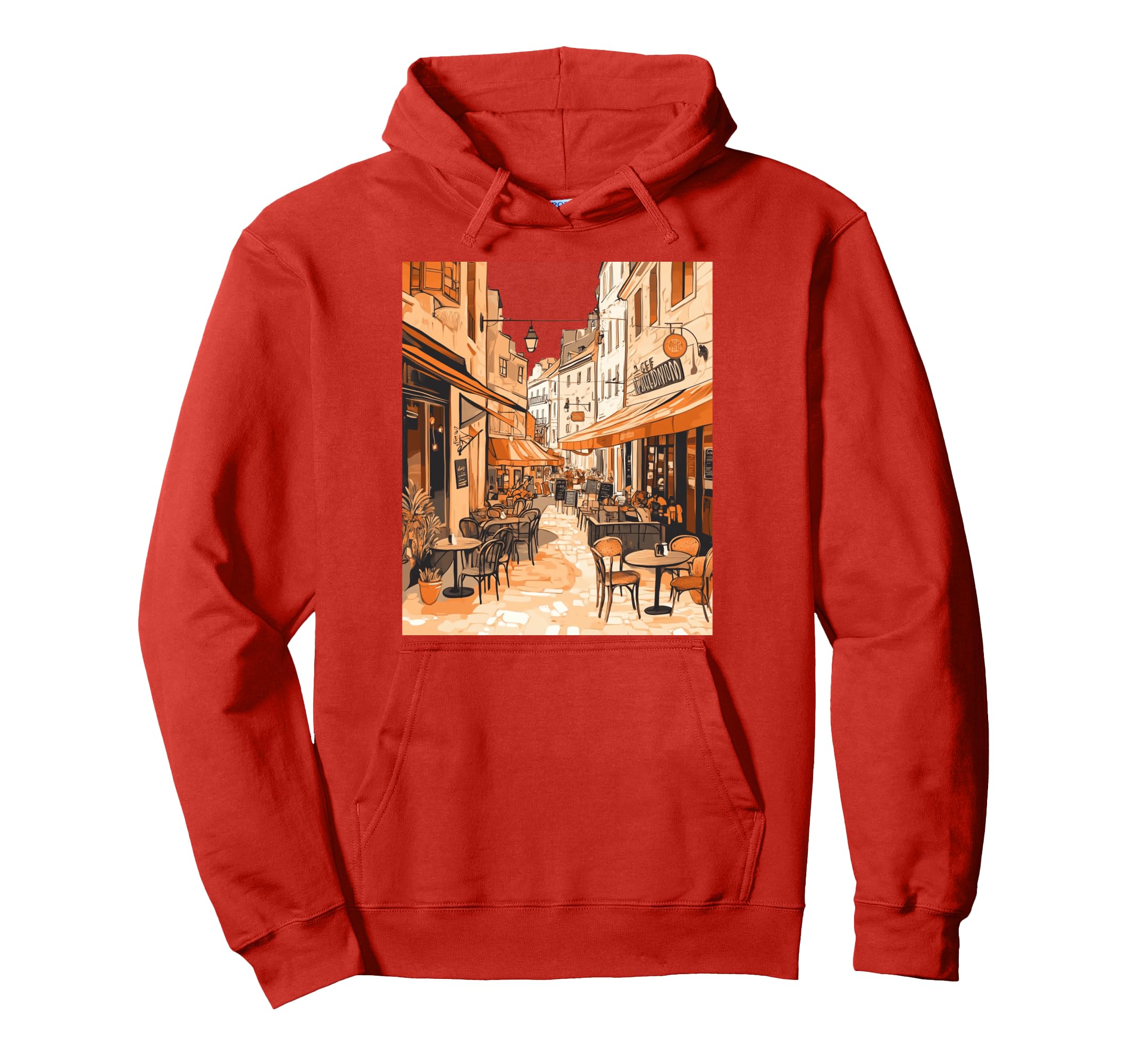 Illustrated European Caf Street Scene Art Hoodie - Custom Art Print Unisex - T-Shirt, Sweatshirt, Hoodie