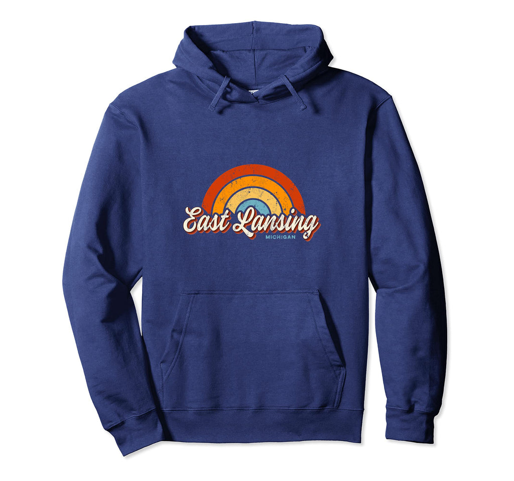 East Lansing Michigan Mi Rainbow 70S Hoodie - Fun Novelty Design for Adults - T-Shirt, Sweatshirt, Hoodie
