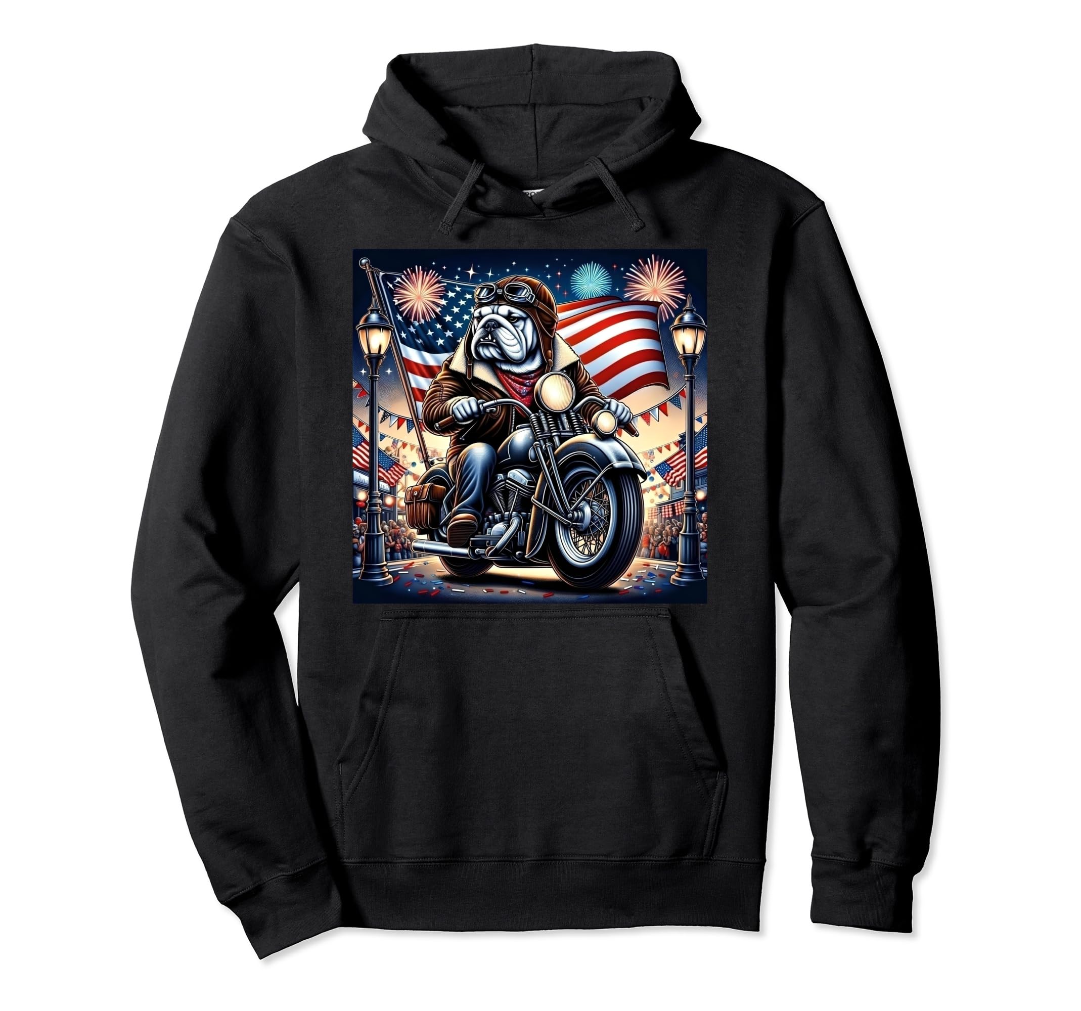 Patriotic Bulldog Motorcycle Hoodie - Fun Novelty Design Men Women - T-Shirt, Sweatshirt, Hoodie