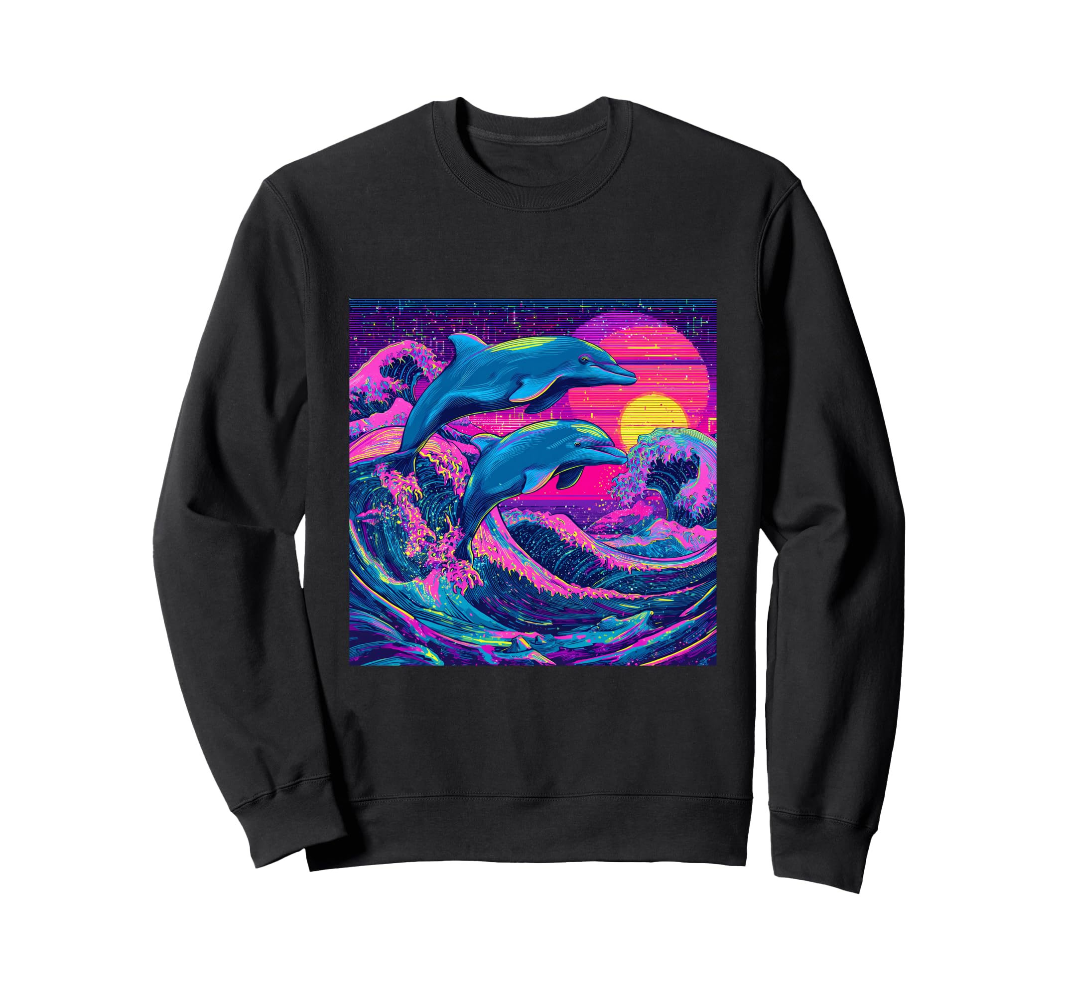 Dolphin Synthwave Ocean Waves 80S Sweatshirt - Custom Art Print Men Women - T-Shirt, Sweatshirt, Hoodie