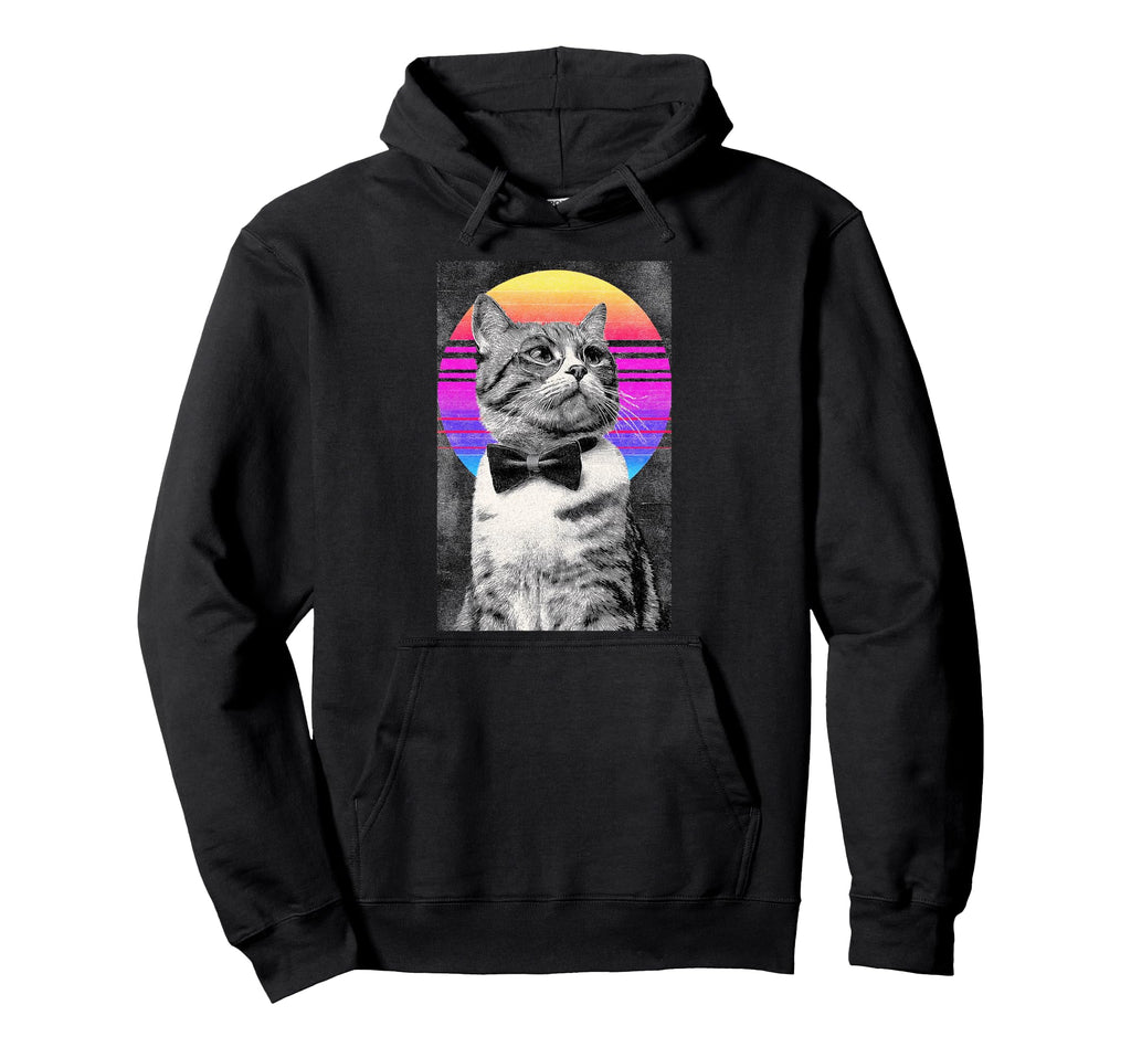 Funny Cat Bow Tie 80S Synthwave Hoodie - Unique Graphic Men Women - T-Shirt, Sweatshirt, Hoodie