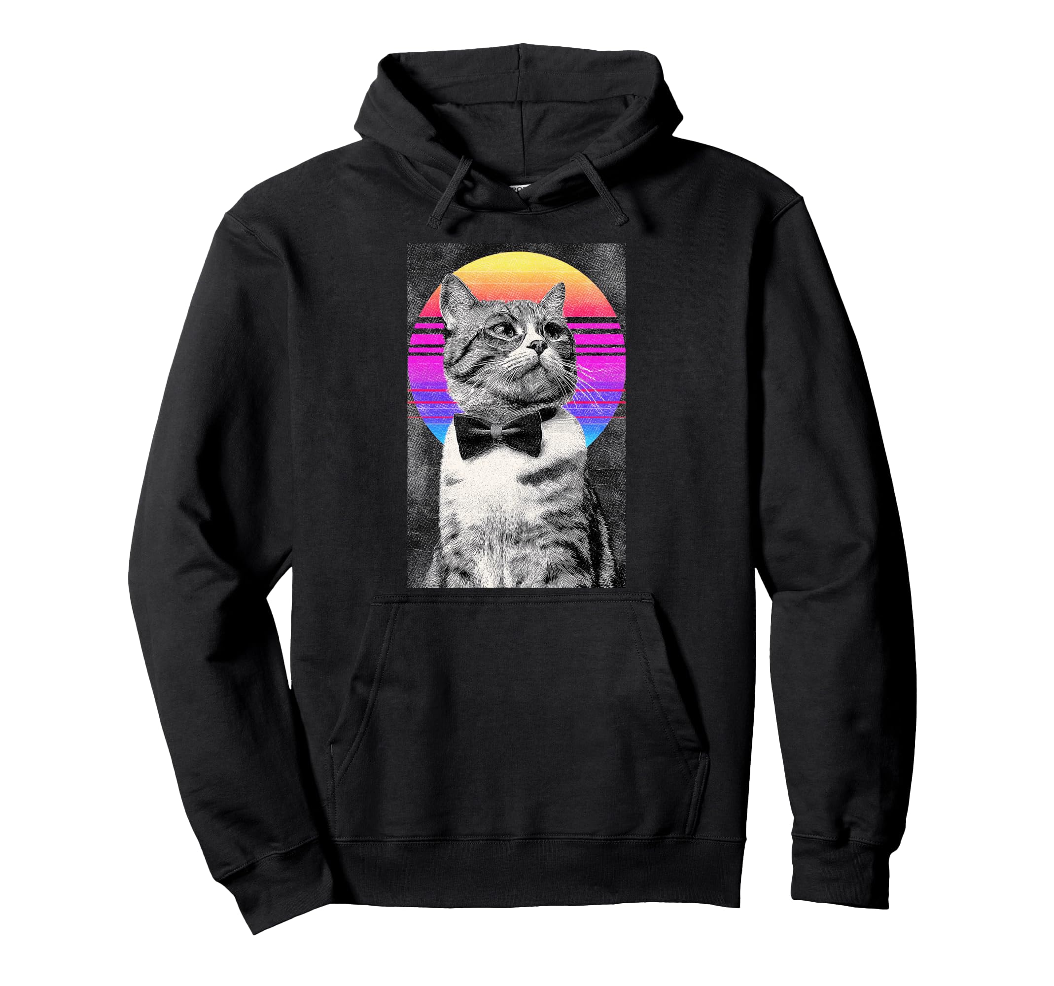 Funny Cat Bow Tie 80S Synthwave Hoodie - Unique Graphic Men Women - T-Shirt, Sweatshirt, Hoodie