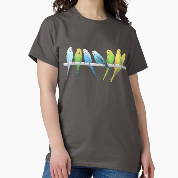 Rows of Budgies pet birds sitting on a perch white - Adult & Kids T-Shirts, Sweatshirts & Hoodies apparel design preview 1
