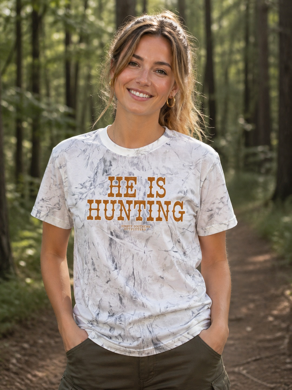 Simply Southern He Is Hunting Camo White - Adult & Kids T-Shirts, Sweatshirts & Hoodies apparel design preview 1