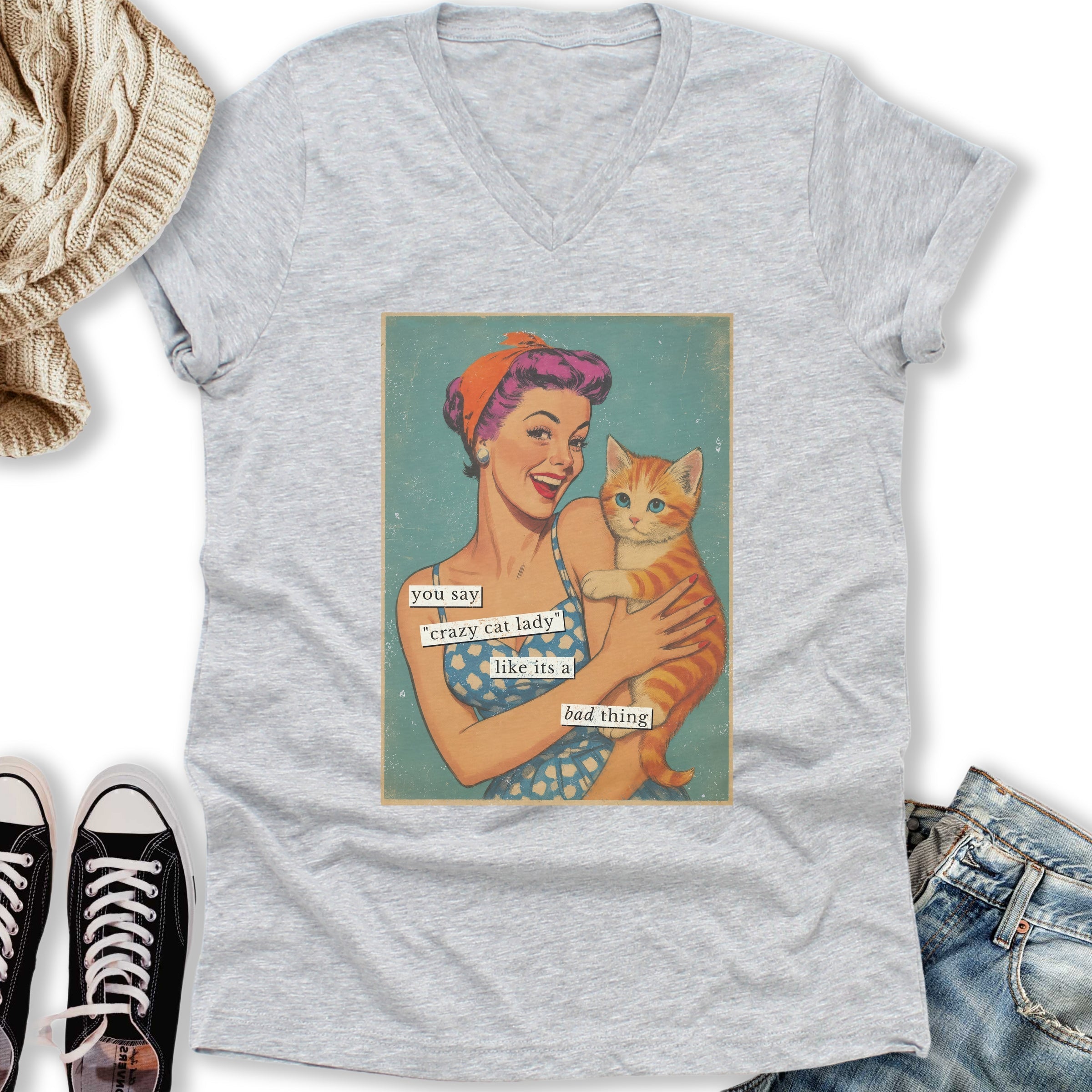 Retro Crazy Cat Lady V-Neck - Adult & Kids T-Shirts, Sweatshirts & Hoodies apparel design preview 1