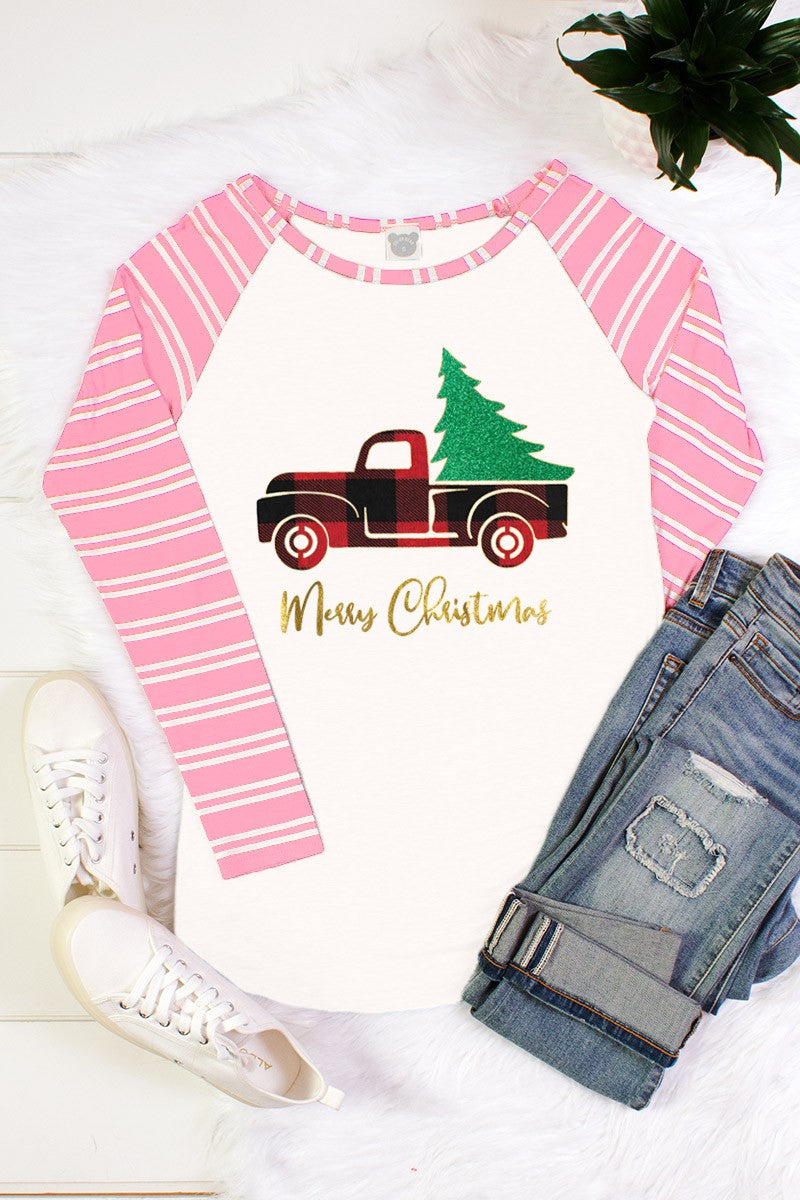 SALE Merry Christmas Truck Striped Sleeve Raglan - Adult & Kids T-Shirts, Sweatshirts & Hoodies apparel design preview 1