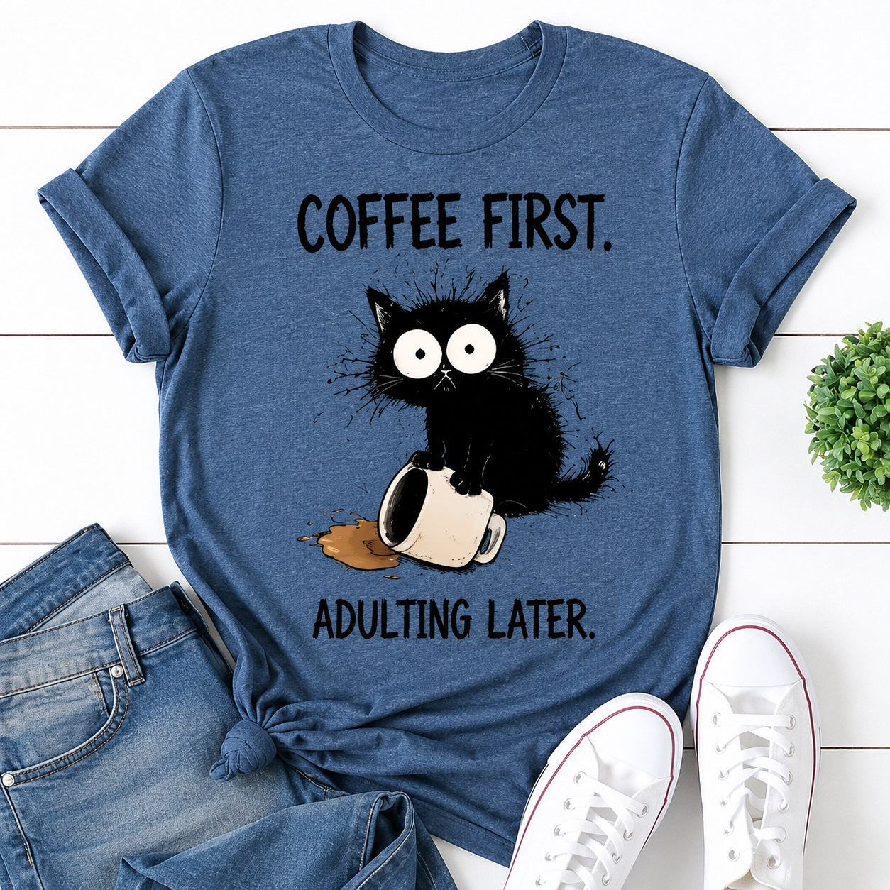 Coffee First Cat Print Women Slogan - Adult & Kids T-Shirts, Sweatshirts & Hoodies apparel design preview 1