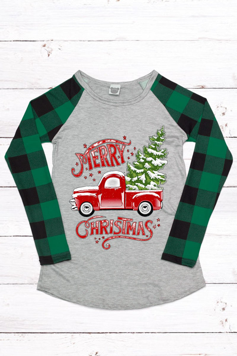 Merry Christmas Truck Buffalo Plaid Sleeve Raglan - Adult & Kids T-Shirts, Sweatshirts & Hoodies apparel design preview 1