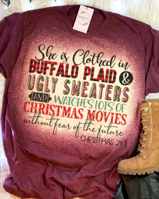She is Clothed in Buffalo Plaid Christmas Bleached - Adult & Kids T-Shirts, Sweatshirts & Hoodies apparel design preview 1