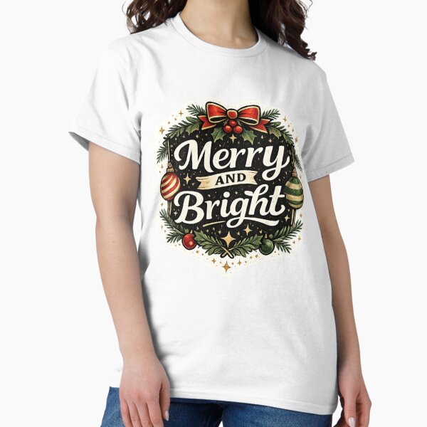 Merry And Bright Christmas Bow Wreath Holiday Design - Adult & Kids T-Shirts, Sweatshirts & Hoodies apparel design preview 1