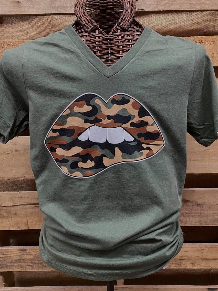Southern Chics Apparel Camo Biting Lip V-Neck Canvas - Adult & Kids T-Shirts, Sweatshirts & Hoodies apparel design preview 1