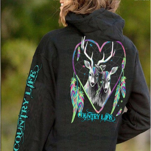 Country Life Feather Deer Dream Heart Black - Adult & Kids T-Shirts, Sweatshirts & Hoodies apparel design preview 1