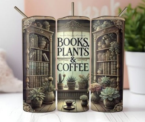 Books, Plants and Coffee 20 oz Skinny Tumbler Cup - Adult & Kids T-Shirts, Sweatshirts & Hoodies apparel design preview 1