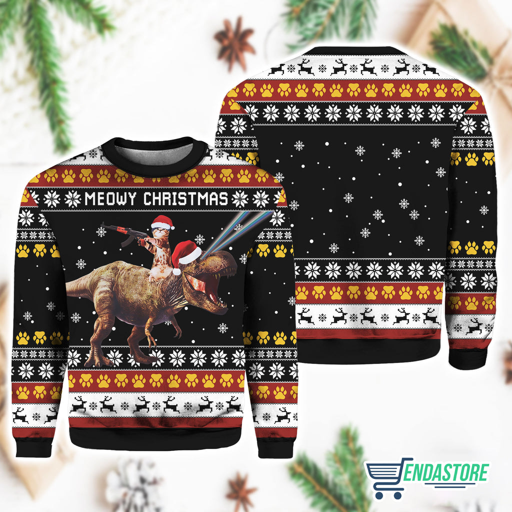 Meowry Christmas Cat Riding Dinosaur Ugly Sweater product image 3