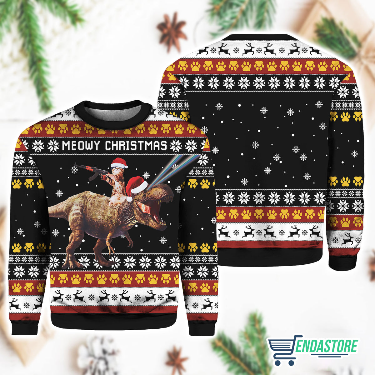 Meowry Christmas Cat Riding Dinosaur Ugly Sweater product image 3