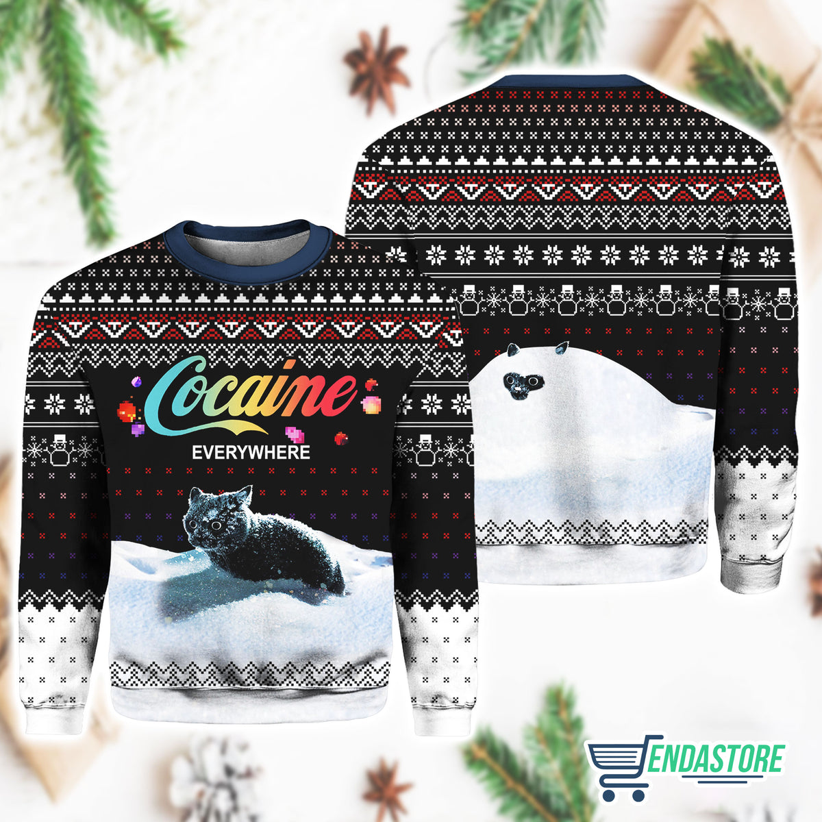 Let It Snow Cat Cocaine Everywhere Ugly Christmas Sweater product image 4