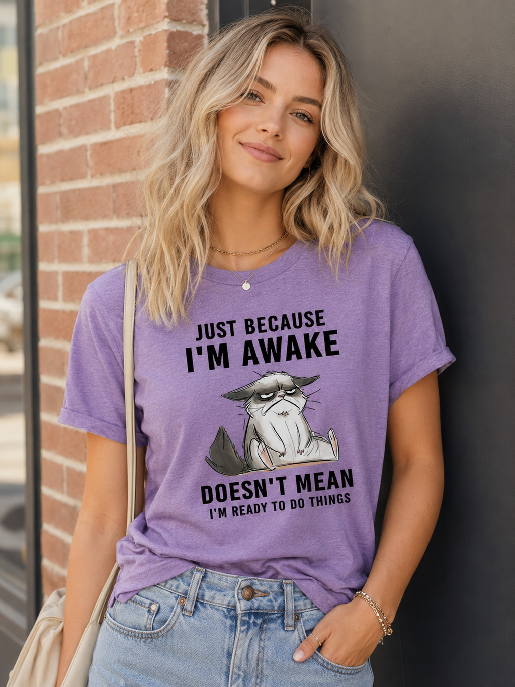 Just Because I'm Awake Cat Print Women Slogan - Adult & Kids T-Shirts, Sweatshirts & Hoodies apparel design preview 3