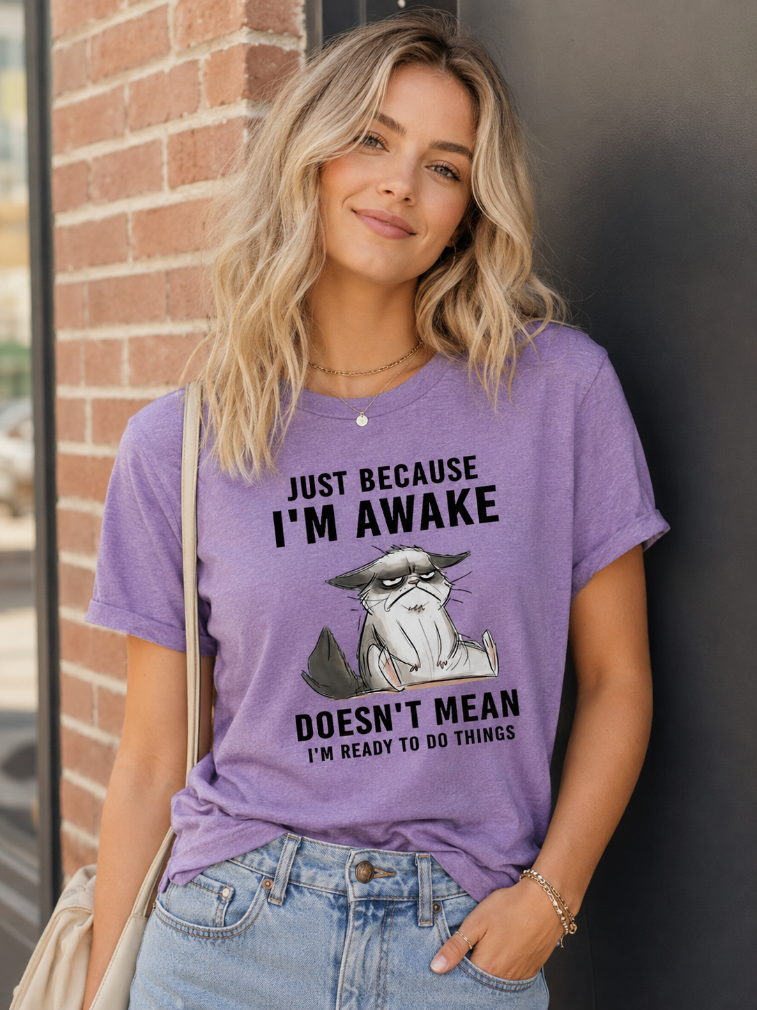 Just Because I'm Awake Cat Print Women Slogan - Adult & Kids T-Shirts, Sweatshirts & Hoodies apparel design preview 3