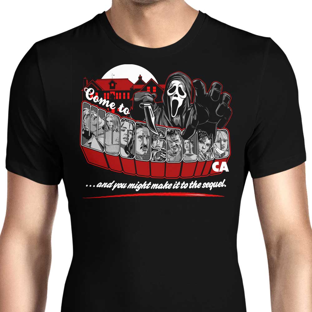 Come to Woodsboro Men's Apparel - Adult & Kids T-Shirts, Sweatshirts & Hoodies apparel design preview 1